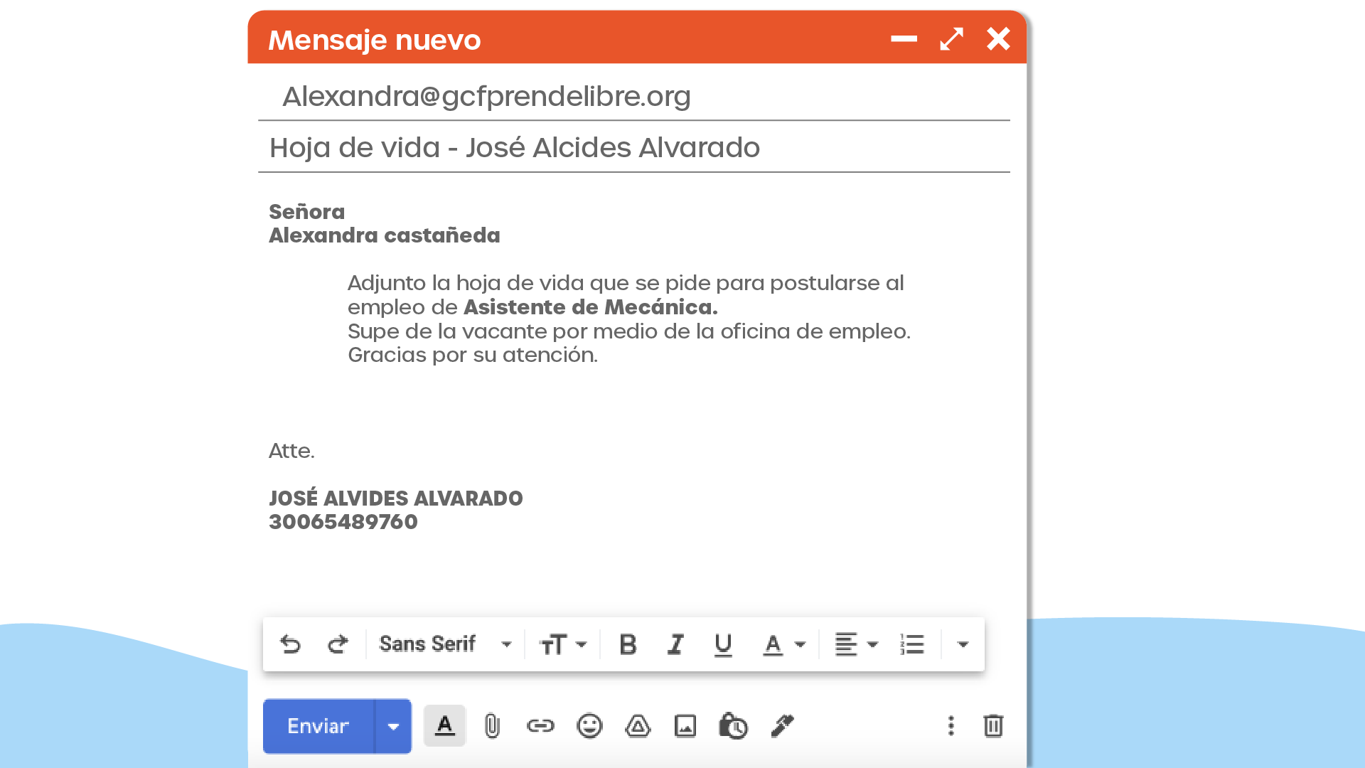 En el espacio Para, agrega el nombre del correo electrónico al que deseas enviar el mensaje.